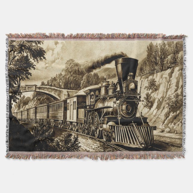 Vintage Steam Train Engine Locomotive Sepia Throw Blanket (Front)