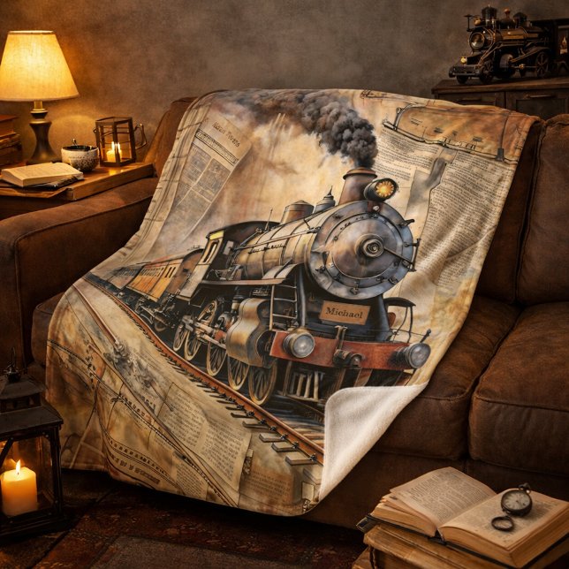 Vintage Steam Train Gift w/ Name Sherpa Blanket (Creator Uploaded)
