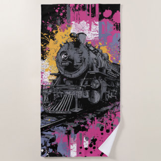 Vintage Steam Train Graffiti Pop Art Illustration Beach Towel
