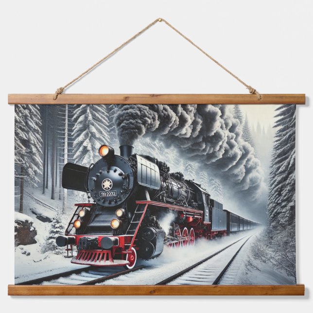 Vintage Steam Train in Winter Landscape Hanging Tapestry (Front)