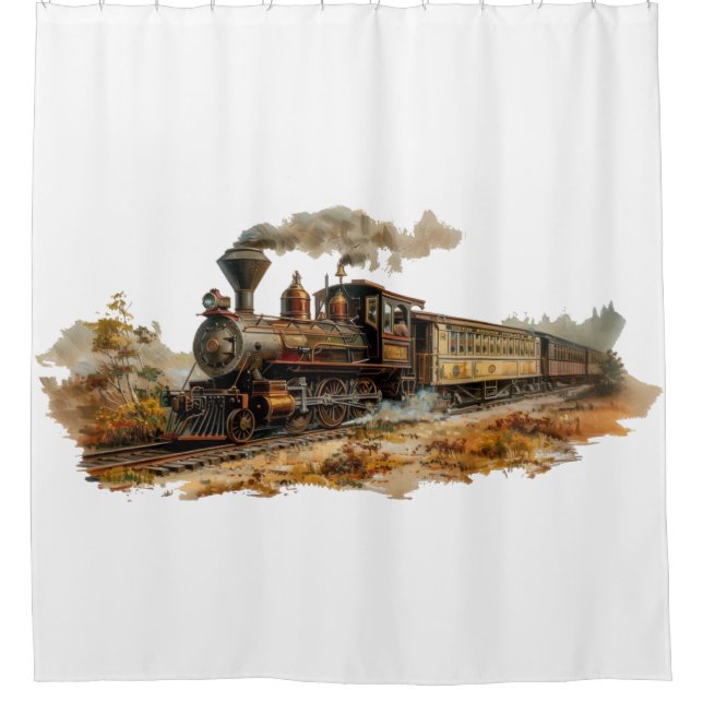 Vintage steam train landscape illustration   shower curtain (Front)