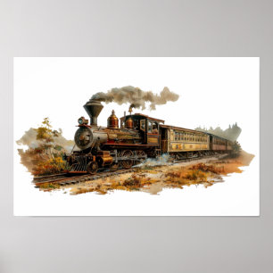 Vintage steam train landscape illustration  Small Poster