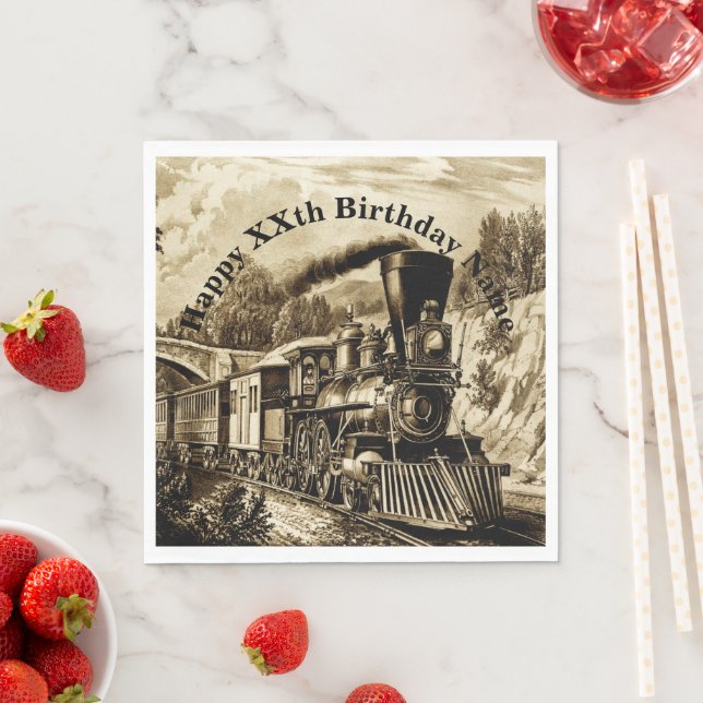 Vintage Steam Train Man's Birthday Party Napkin (Insitu)