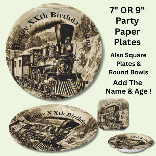 Vintage Steam Train Man's Birthday Party Paper Pla Paper Plate