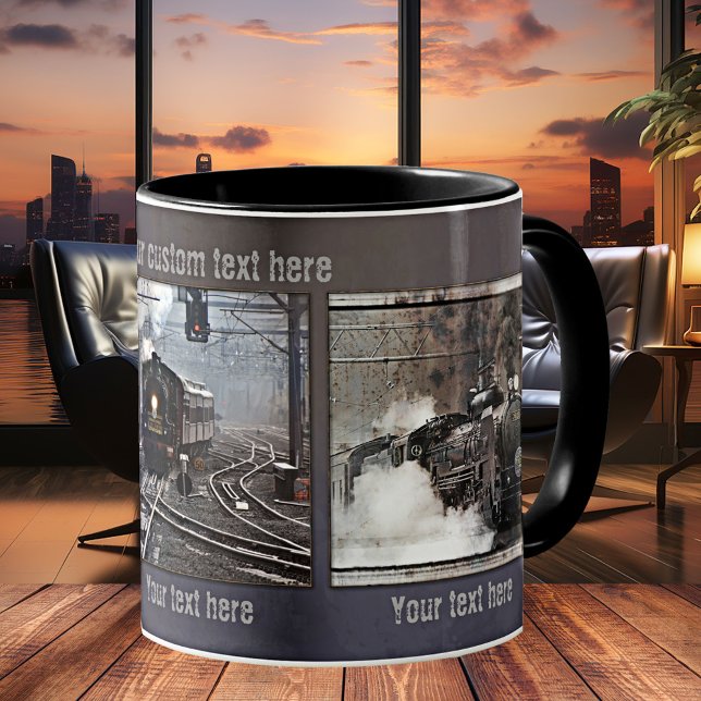 Vintage Steam Train Personalised Photo Mug (Mug with vintage steam locomotives. Great personalized gift for co-worker, friend or family)