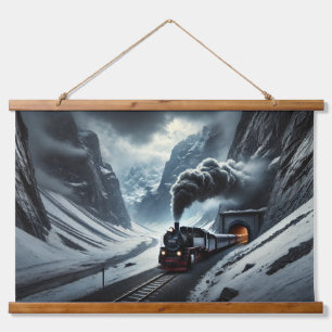 Vintage Steam Train Rushing from a Mountain Tunnel Hanging Tapestry