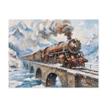 Vintage Steam Train Snow Mountain Oil Painting