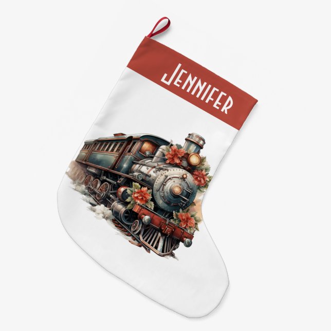 Vintage Steam Train Traditional Christmas Large Christmas Stocking (Front (Hanging))