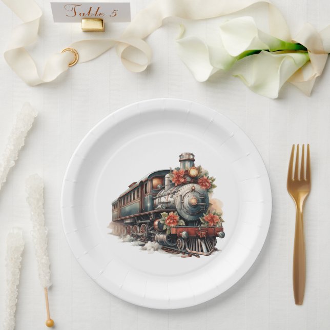 Vintage Steam Train Traditional Christmas Paper Plate (Wedding)