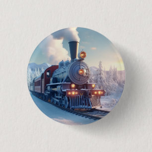 Vintage Steam Train Winter Landscape Snow Mountain 3 Cm Round Badge