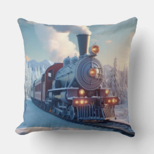 Vintage Steam Train Winter Landscape Snow Mountain Cushion