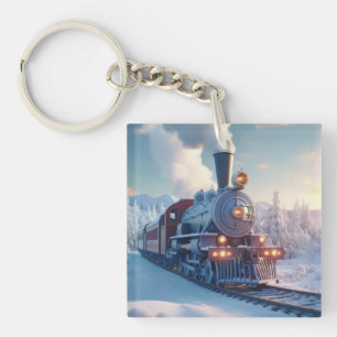 Vintage Steam Train Winter Landscape Snow Mountain Key Ring
