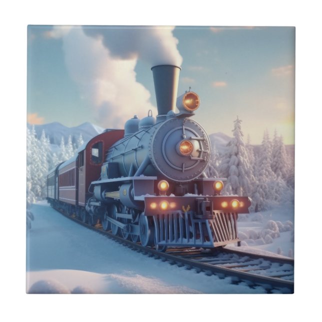 Vintage Steam Train Winter Landscape Snow Mountain Tile (Front)