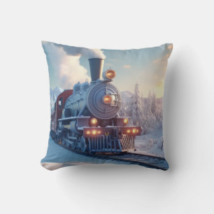 Vintage Steam Train Winter Snowy Mountains Cushion