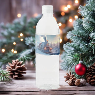 Vintage Steam Train Winter Snowy Mountains Water Bottle Label