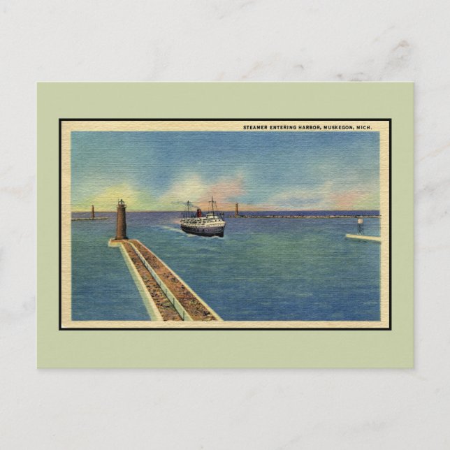 Vintage steamer entering harbour Muskegon MI Postcard (Front)