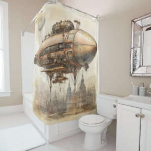 Vintage Steampunk Airship Copper Blueprint Shower Curtain
