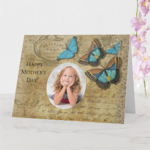 Vintage Steampunk Blue Butterflies on Parchment Card