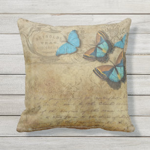 Vintage Steampunk Blue Butterflies on Parchment Cushion