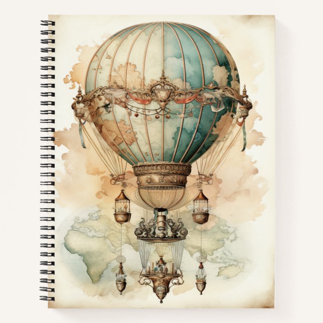 Vintage Steampunk Blue Hot Air Balloon (2) Notebook (Front)