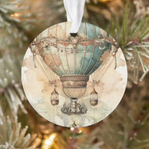 Vintage Steampunk Blue Hot Air Balloon (2) Ornament