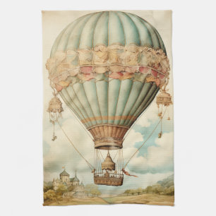 Vintage Steampunk Blue Hot Air Balloon Tea Towel