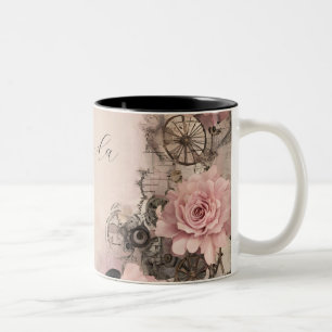 Vintage Steampunk Boho Pink & Black Floral Two-Tone Coffee Mug