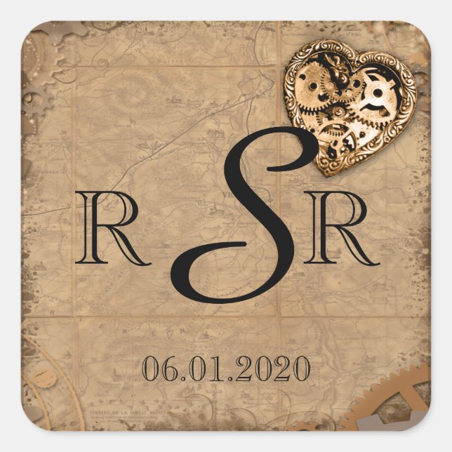 Vintage Steampunk Bride Wedding Monogram Square Sticker (Front)