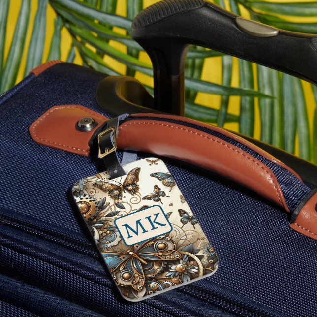 Vintage Steampunk Butterflies Monogrammed Luggage Tag (Front Insitu 1)