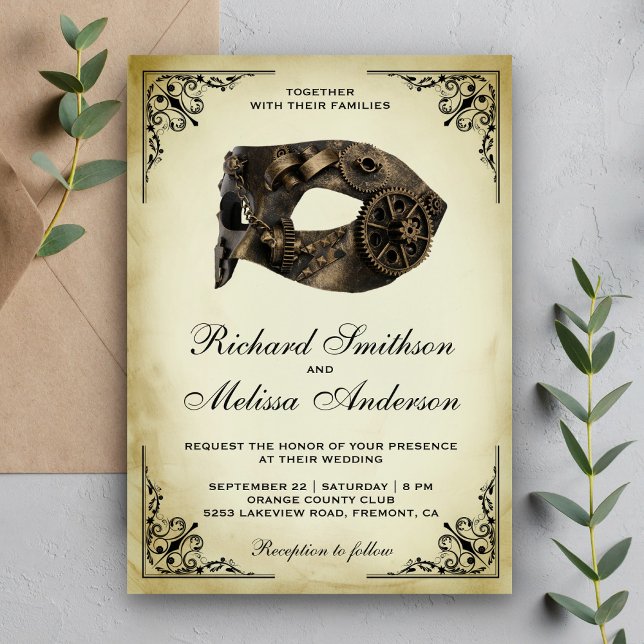 Vintage Steampunk Carnival Mask Masquerade Wedding Invitation (Creator Uploaded)