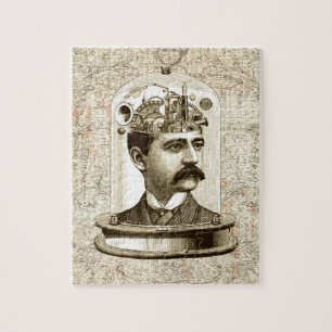 Vintage steampunk clockwork brain, moustache  man jigsaw puzzle