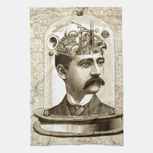 Vintage steampunk clockwork brain, moustache  man tea towel