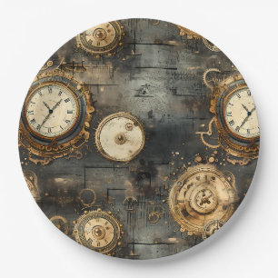 Vintage Steampunk Clockwork Gears Bronze Black Paper Plate