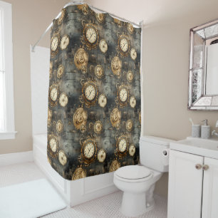 Vintage Steampunk Clockwork Gears Bronze Black Shower Curtain