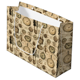 Vintage Steampunk Clockwork Parchment Brown Large Gift Bag