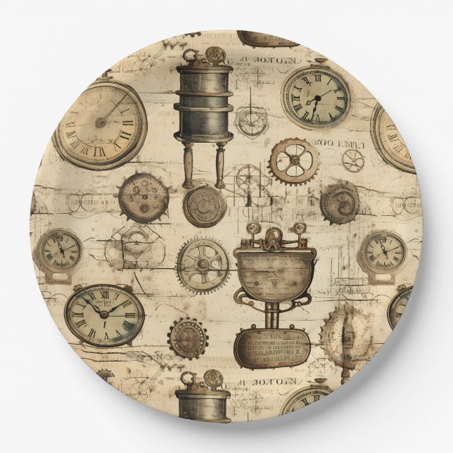 Vintage Steampunk Clockwork Parchment Brown Paper Plate (Front)