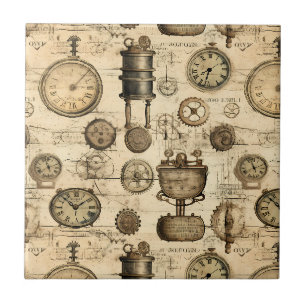 Vintage Steampunk Clockwork Parchment Brown Tile