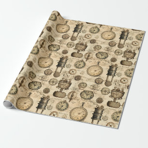 Vintage Steampunk Clockwork Parchment Brown Wrapping Paper