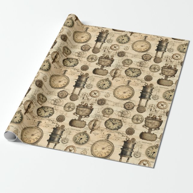 Vintage Steampunk Clockwork Parchment Brown Wrapping Paper (Unrolled)