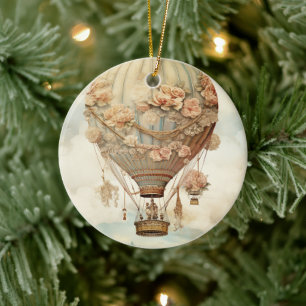 Vintage Steampunk Floral Blue Hot Air Balloon (2) Ceramic Tree Decoration
