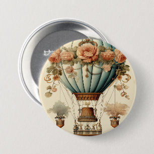 Vintage Steampunk Floral Blue Hot Air Balloon  7.5 Cm Round Badge