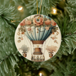 Vintage Steampunk Floral Blue Hot Air Balloon Ceramic Tree Decoration