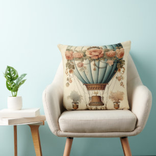Vintage Steampunk Floral Blue Hot Air Balloon  Cushion