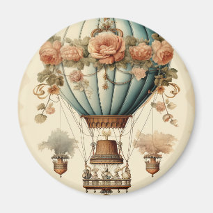 Vintage Steampunk Floral Blue Hot Air Balloon Magnet