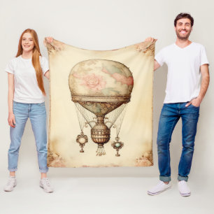 Vintage Steampunk Floral Hot Air Balloon Fleece Blanket