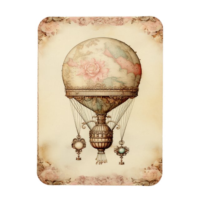 Vintage Steampunk Floral Hot Air Balloon Magnet (Vertical)