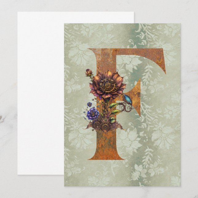 Vintage Steampunk Floral Letter F Note Cards (Front/Back)