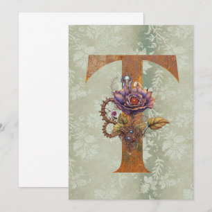 Vintage Steampunk Floral Letter T Note Cards