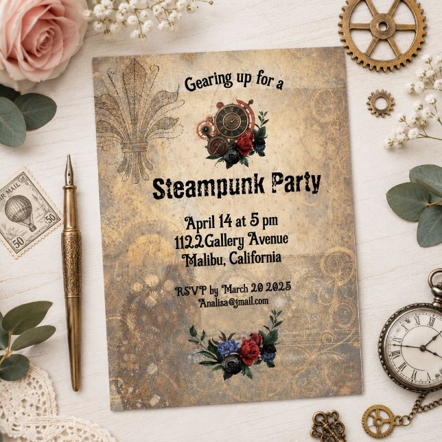 Vintage Steampunk Gears & Roses Custom Invitation (Creator Uploaded)