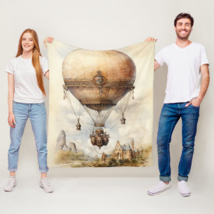 Vintage Steampunk Hot Air Balloon Fleece Blanket